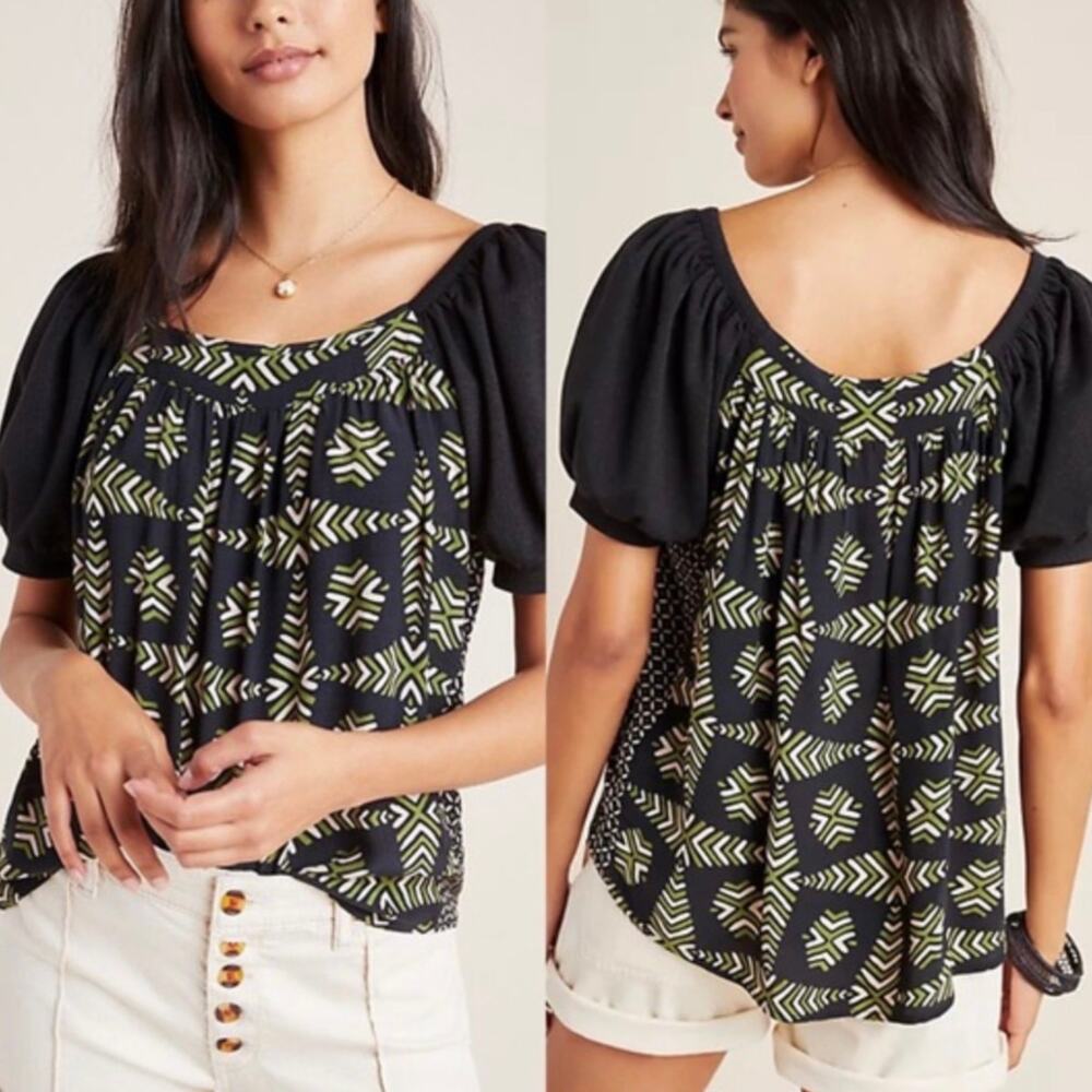 Maeve Anthropologie Catania Puff Sleeve Top Green Floral Square Neck XS